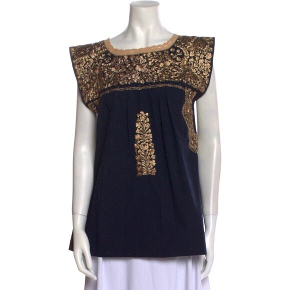 Mi Golondrina Medianoche Oro Seda Black & Gold Mexican Embroidered Blouse ~ Sz S - Picture 4 of 7